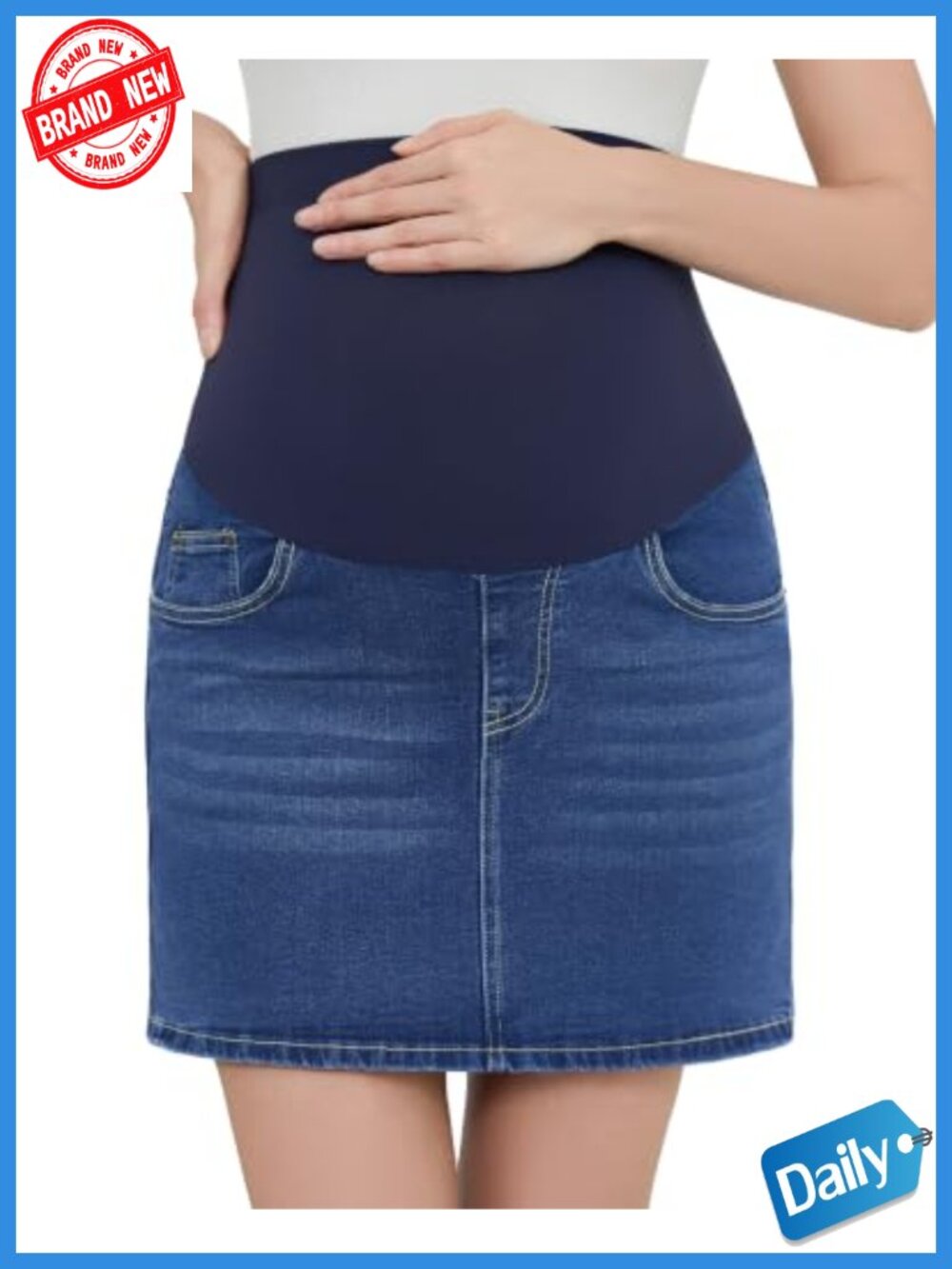 Maternity Denim Skirt with Built-in Shorts Over Belly High Rise Stretchy